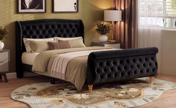 English Elm Queen Velvet Sleigh Platform Bed Wingback Tufted Headboard Carved Legs Elegant Bedroom Black N733S485981B