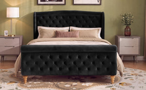 English Elm Queen Velvet Sleigh Platform Bed Wingback Tufted Headboard Carved Legs Elegant Bedroom Black N733S485981B
