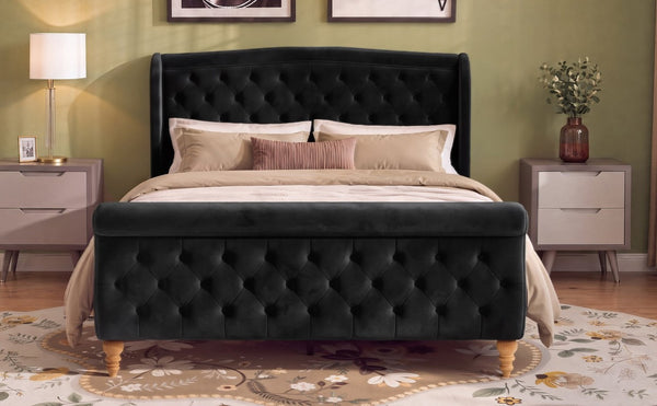 English Elm Queen Velvet Sleigh Platform Bed Wingback Tufted Headboard Carved Legs Elegant Bedroom Black N733S485981B