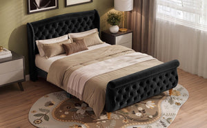 English Elm Queen Velvet Sleigh Platform Bed Wingback Tufted Headboard Carved Legs Elegant Bedroom Black N733S485981B
