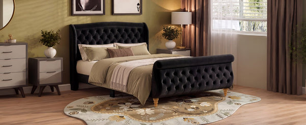 English Elm Queen Velvet Sleigh Platform Bed Wingback Tufted Headboard Carved Legs Elegant Bedroom Black N733S485981B