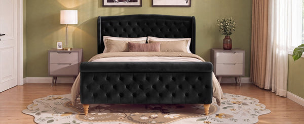 English Elm Queen Velvet Sleigh Platform Bed Wingback Tufted Headboard Carved Legs Elegant Bedroom Black N733S485981B