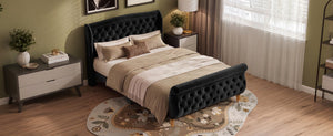 English Elm Queen Velvet Sleigh Platform Bed Wingback Tufted Headboard Carved Legs Elegant Bedroom Black N733S485981B