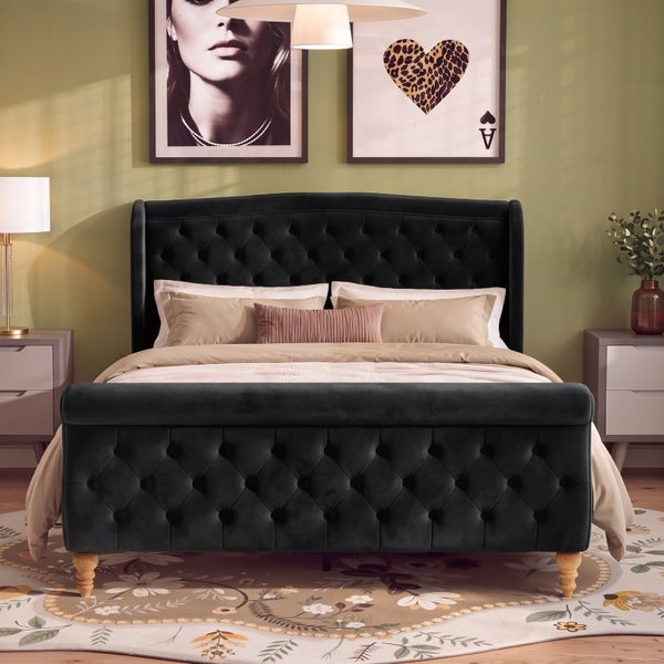 English Elm Queen Velvet Sleigh Platform Bed Wingback Tufted Headboard Carved Legs Elegant Bedroom Black N733S485981B