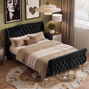 English Elm Queen Velvet Sleigh Platform Bed Wingback Tufted Headboard Carved Legs Elegant Bedroom Black N733S485981B