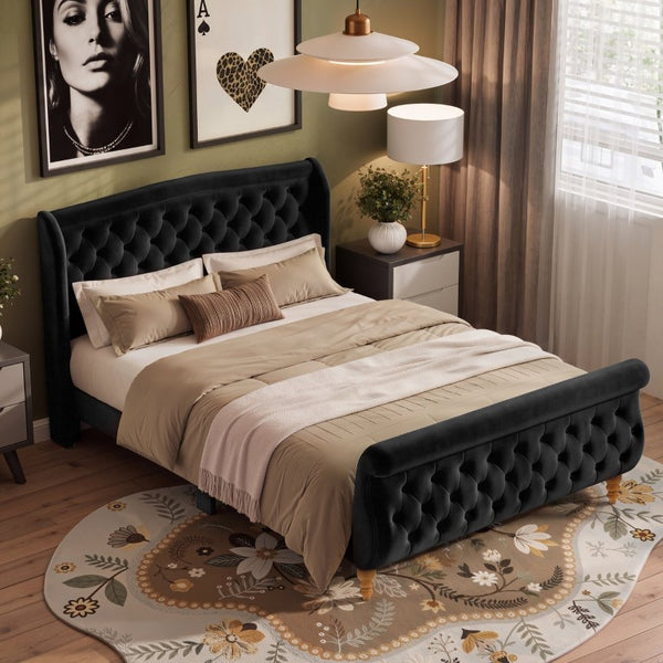 English Elm Queen Velvet Sleigh Platform Bed Wingback Tufted Headboard Carved Legs Elegant Bedroom Black N733S485981B