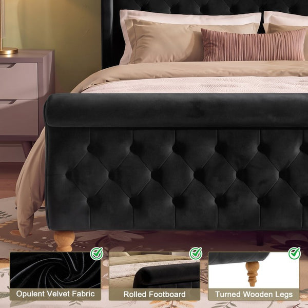 English Elm Queen Velvet Sleigh Platform Bed Wingback Tufted Headboard Carved Legs Elegant Bedroom Black N733S485981B