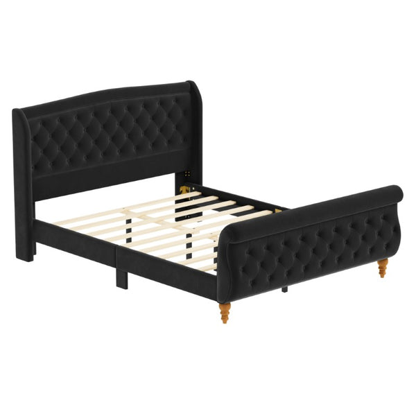 English Elm Queen Velvet Sleigh Platform Bed Wingback Tufted Headboard Carved Legs Elegant Bedroom Black N733S485981B