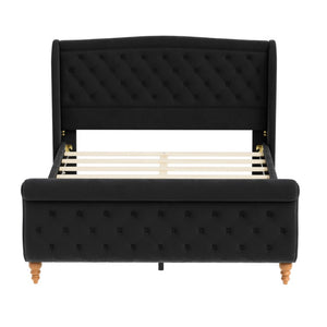 English Elm Queen Velvet Sleigh Platform Bed Wingback Tufted Headboard Carved Legs Elegant Bedroom Black N733S485981B