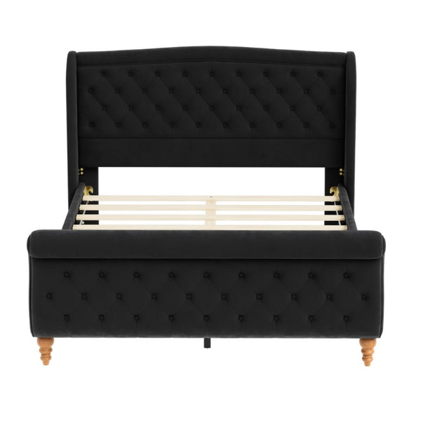 English Elm Queen Velvet Sleigh Platform Bed Wingback Tufted Headboard Carved Legs Elegant Bedroom Black N733S485981B