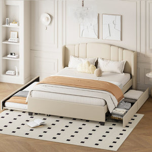 English Elm Upholstered Queen Bed Wingback Linen Headboard Twin Trundle Plus Storage Drawers N733S534598A