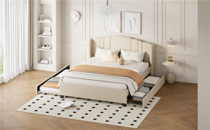 English Elm Upholstered Queen Bed Wingback Linen Headboard Twin Trundle Plus Storage Drawers N733S534598A