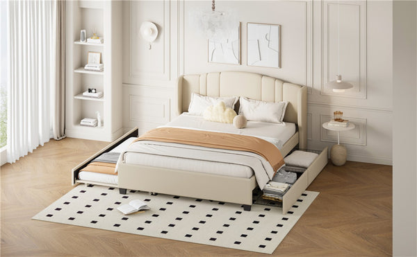 English Elm Upholstered Queen Bed Wingback Linen Headboard Twin Trundle Plus Storage Drawers N733S534598A