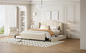 English Elm Upholstered Queen Bed Wingback Linen Headboard Twin Trundle Plus Storage Drawers N733S534598A