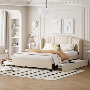 English Elm Upholstered Queen Bed Wingback Linen Headboard Twin Trundle Plus Storage Drawers N733S534598A