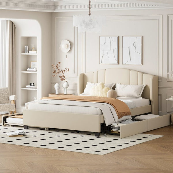 English Elm Upholstered Queen Bed Wingback Linen Headboard Twin Trundle Plus Storage Drawers N733S534598A