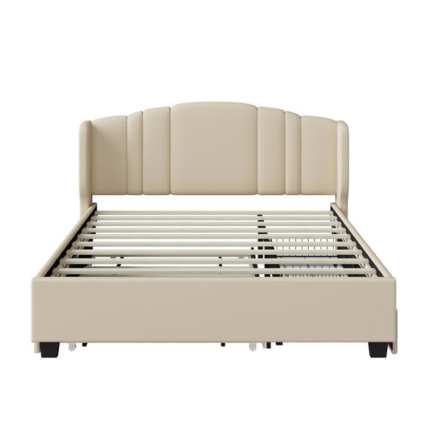 English Elm Upholstered Queen Bed Wingback Linen Headboard Twin Trundle Plus Storage Drawers N733S534598A