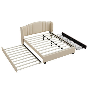 English Elm Upholstered Queen Bed Wingback Linen Headboard Twin Trundle Plus Storage Drawers N733S534598A