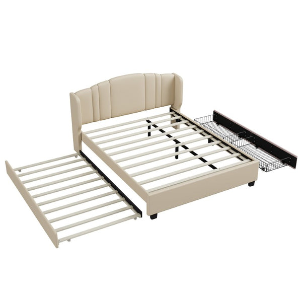English Elm Upholstered Queen Bed Wingback Linen Headboard Twin Trundle Plus Storage Drawers N733S534598A