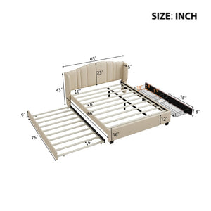 English Elm Upholstered Queen Bed Wingback Linen Headboard Twin Trundle Plus Storage Drawers N733S534598A