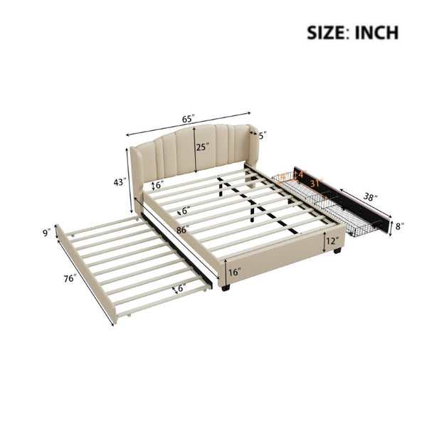 English Elm Upholstered Queen Bed Wingback Linen Headboard Twin Trundle Plus Storage Drawers N733S534598A