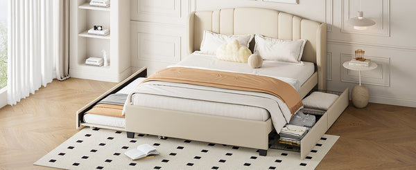 English Elm Upholstered Queen Bed Wingback Linen Headboard Twin Trundle Plus Storage Drawers N733S534598A