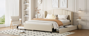 English Elm Upholstered Queen Bed Wingback Linen Headboard Twin Trundle Plus Storage Drawers N733S534598A