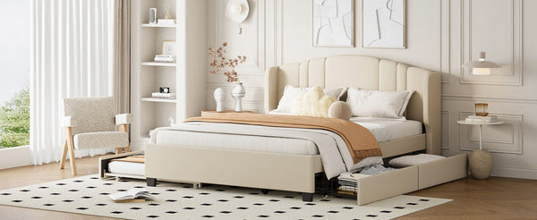 English Elm Upholstered Queen Bed Wingback Linen Headboard Twin Trundle Plus Storage Drawers N733S534598A