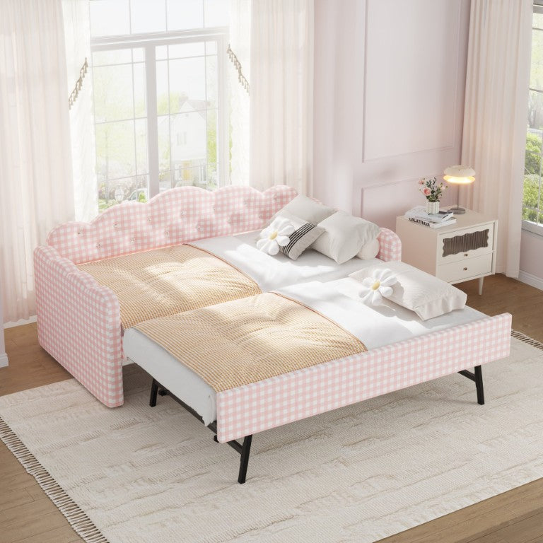 English Elm Twin Gingham Upholstered Daybed with Pull Out Trundle Expands to King Scalloped Sofa N733S539514P