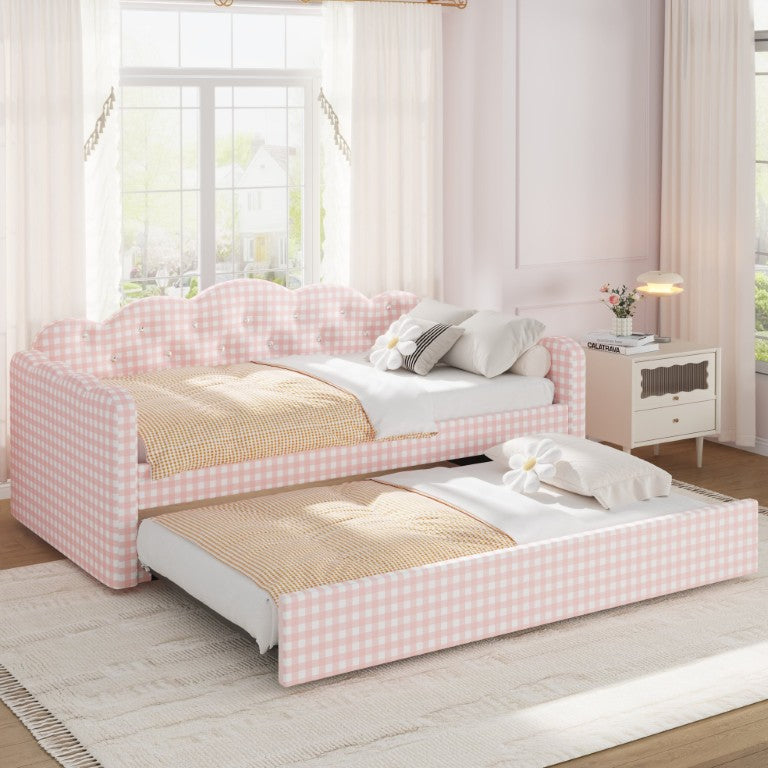 English Elm Twin Gingham Upholstered Daybed with Pull Out Trundle Expands to King Scalloped Sofa N733S539514P