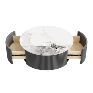 English Elm Modern Round Sintered Stone Coffee Table with Locking Casters and Two Storage Drawers Grey N735P328523G