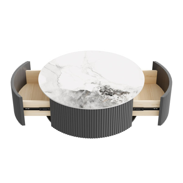 English Elm Modern Round Sintered Stone Coffee Table with Locking Casters and Two Storage Drawers Grey N735P328523G