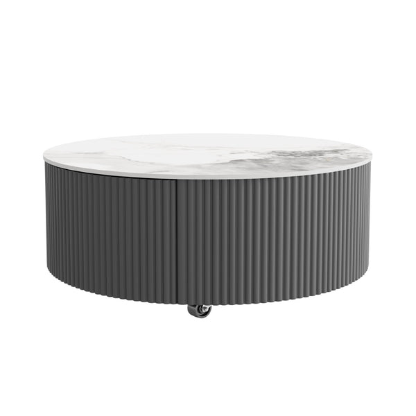 English Elm Modern Round Sintered Stone Coffee Table with Locking Casters and Two Storage Drawers Grey N735P328523G