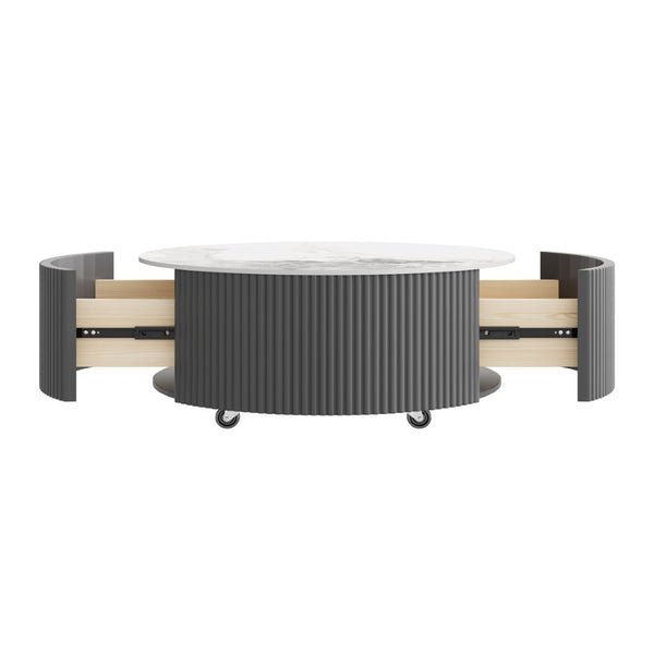 English Elm Modern Round Sintered Stone Coffee Table with Locking Casters and Two Storage Drawers Grey N735P328523G