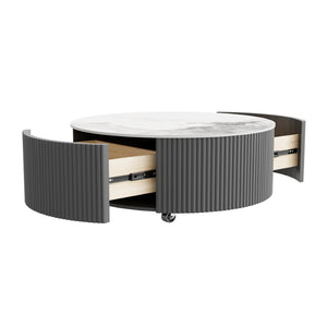 English Elm Modern Round Sintered Stone Coffee Table with Locking Casters and Two Storage Drawers Grey N735P328523G