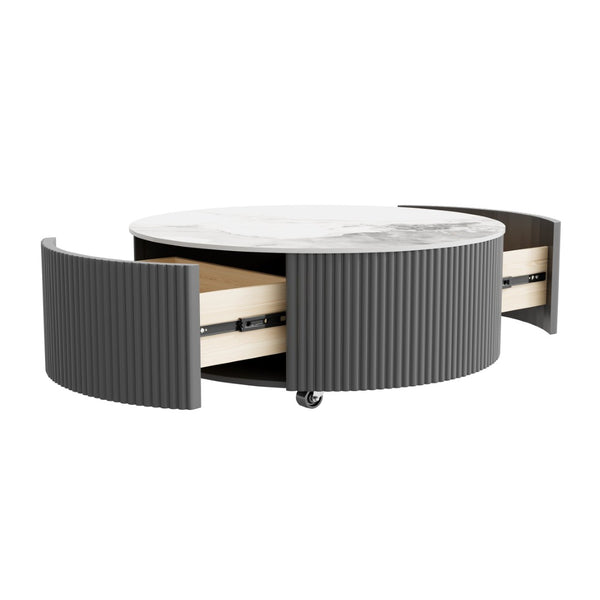 English Elm Modern Round Sintered Stone Coffee Table with Locking Casters and Two Storage Drawers Grey N735P328523G
