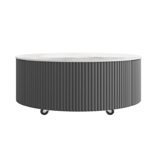 English Elm Modern Round Sintered Stone Coffee Table with Locking Casters and Two Storage Drawers Grey N735P328523G