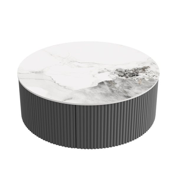 English Elm Modern Round Sintered Stone Coffee Table with Locking Casters and Two Storage Drawers Grey N735P328523G