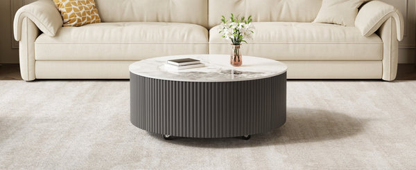 English Elm Modern Round Sintered Stone Coffee Table with Locking Casters and Two Storage Drawers Grey N735P328523G