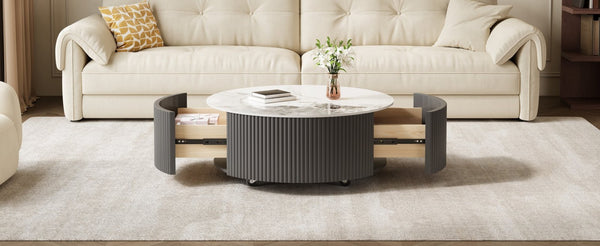 English Elm Modern Round Sintered Stone Coffee Table with Locking Casters and Two Storage Drawers Grey N735P328523G