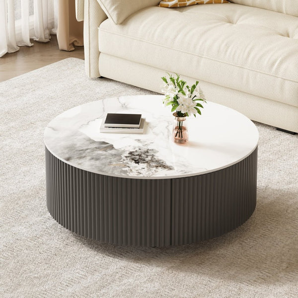 English Elm Modern Round Sintered Stone Coffee Table with Locking Casters and Two Storage Drawers Grey N735P328523G