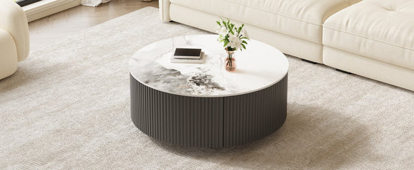 English Elm Modern Round Sintered Stone Coffee Table with Locking Casters and Two Storage Drawers Grey N735P328523G