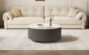 English Elm Modern Round Sintered Stone Coffee Table with Locking Casters and Two Storage Drawers Grey N735P328523G