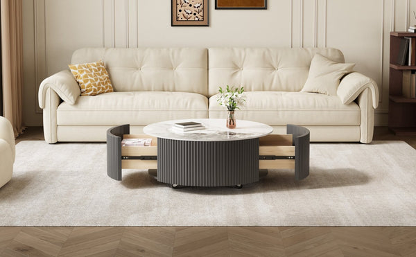 English Elm Modern Round Sintered Stone Coffee Table with Locking Casters and Two Storage Drawers Grey N735P328523G