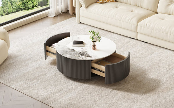 English Elm Modern Round Sintered Stone Coffee Table with Locking Casters and Two Storage Drawers Grey N735P328523G