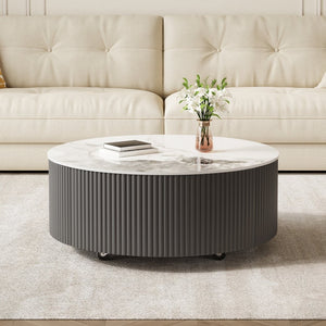 English Elm Modern Round Sintered Stone Coffee Table with Locking Casters and Two Storage Drawers Grey N735P328523G