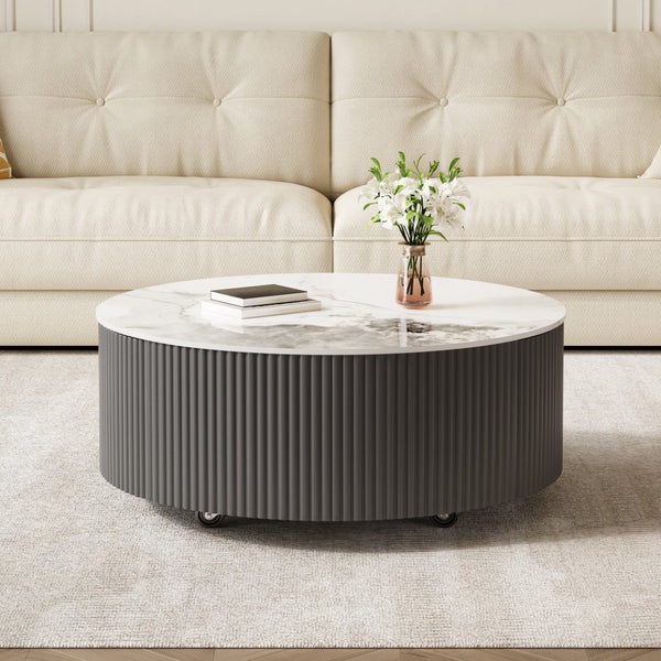 English Elm Modern Round Sintered Stone Coffee Table with Locking Casters and Two Storage Drawers Grey N735P328523G