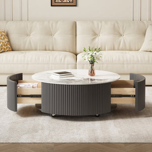 English Elm Modern Round Sintered Stone Coffee Table with Locking Casters and Two Storage Drawers Grey N735P328523G