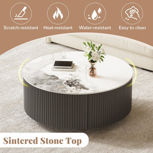 English Elm Modern Round Sintered Stone Coffee Table with Locking Casters and Two Storage Drawers Grey N735P328523G