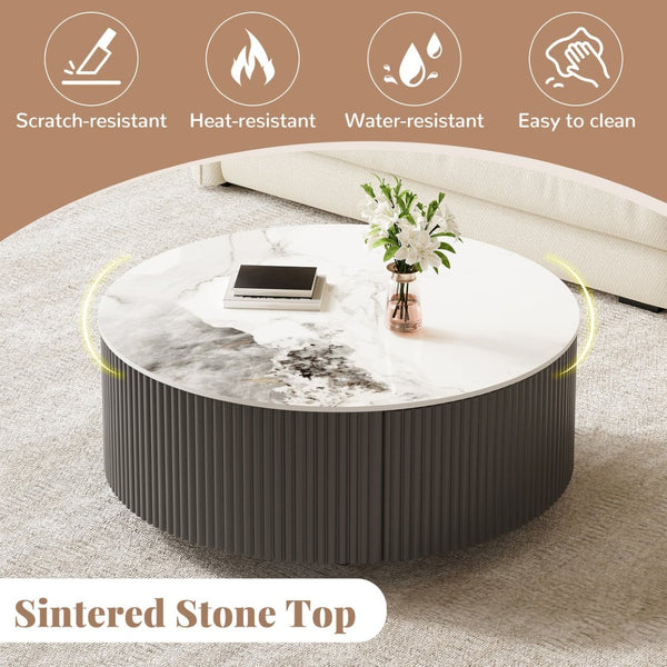 English Elm Modern Round Sintered Stone Coffee Table with Locking Casters and Two Storage Drawers Grey N735P328523G